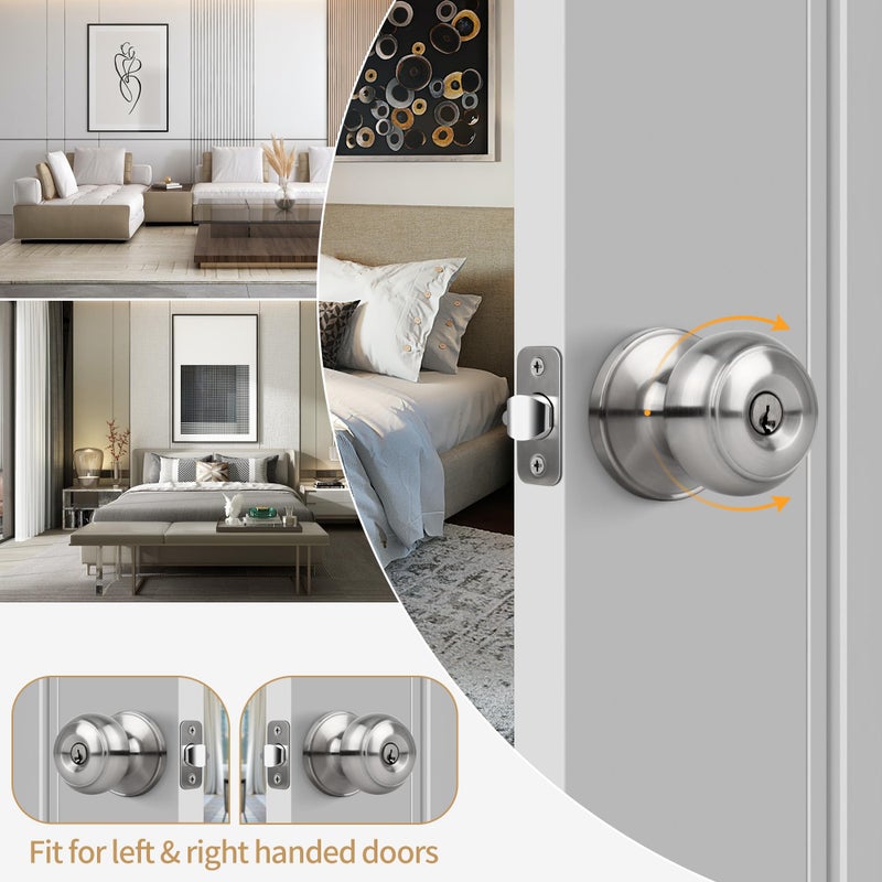Gaurqiah Keyed Entry Door Knob, Flat Ball Interior Door Knob with Lock, Round Exterior Doorknob for Front/Entrance Doors, Stain Nickel - Image 5